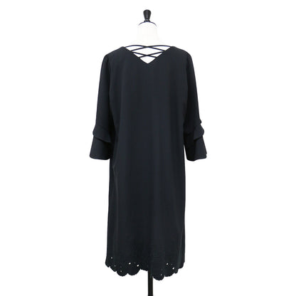 フレアスリーブ ミディ ワンピース / ドレス バッククロス 裾レース  7分袖 ラウンドネック