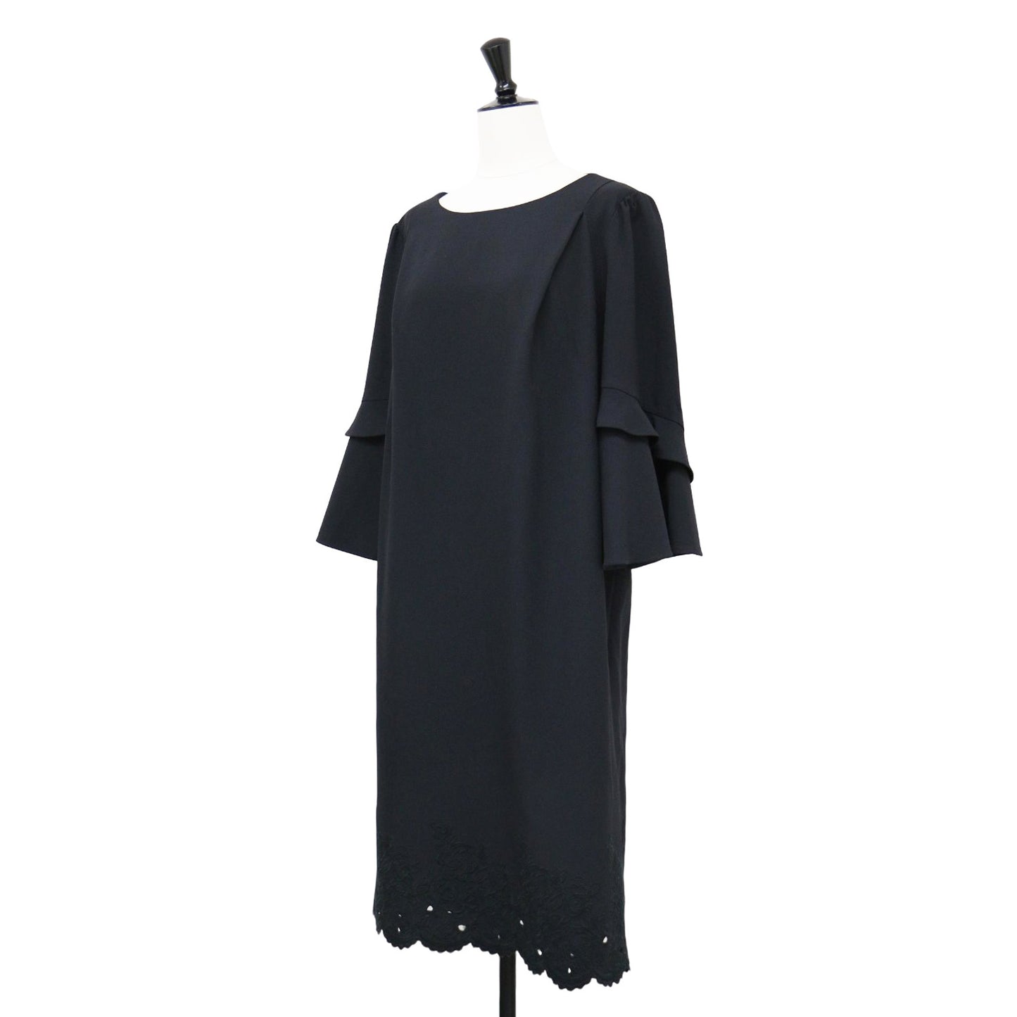 フレアスリーブ ミディ ワンピース / ドレス バッククロス 裾レース  7分袖 ラウンドネック