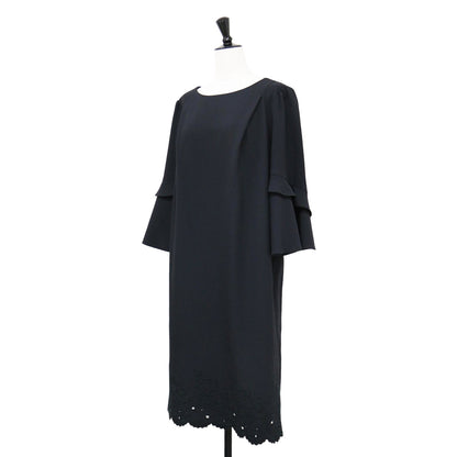 フレアスリーブ ミディ ワンピース / ドレス バッククロス 裾レース  7分袖 ラウンドネック