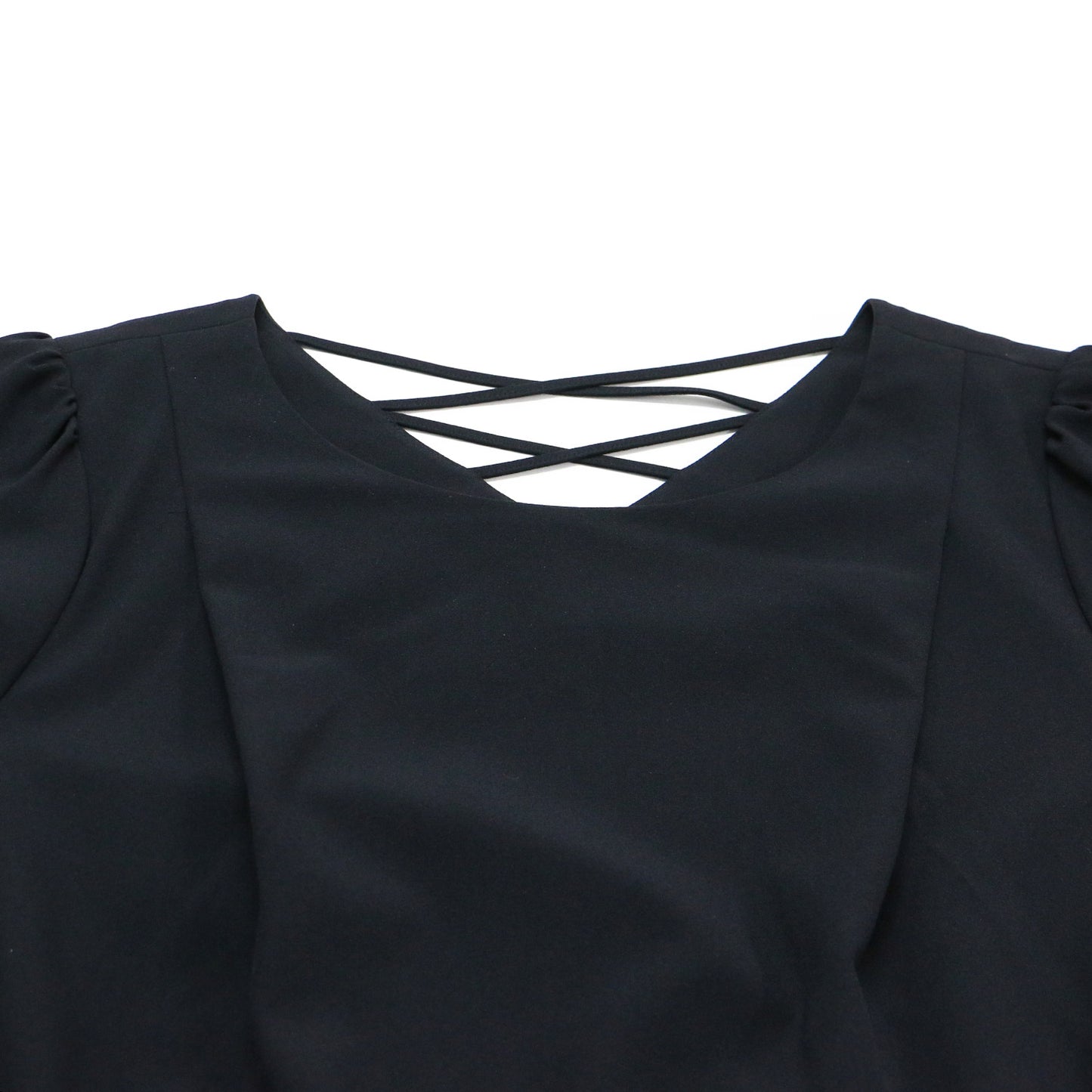 フレアスリーブ ミディ ワンピース / ドレス バッククロス 裾レース  7分袖 ラウンドネック