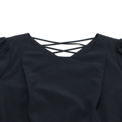 フレアスリーブ ミディ ワンピース / ドレス バッククロス 裾レース  7分袖 ラウンドネック