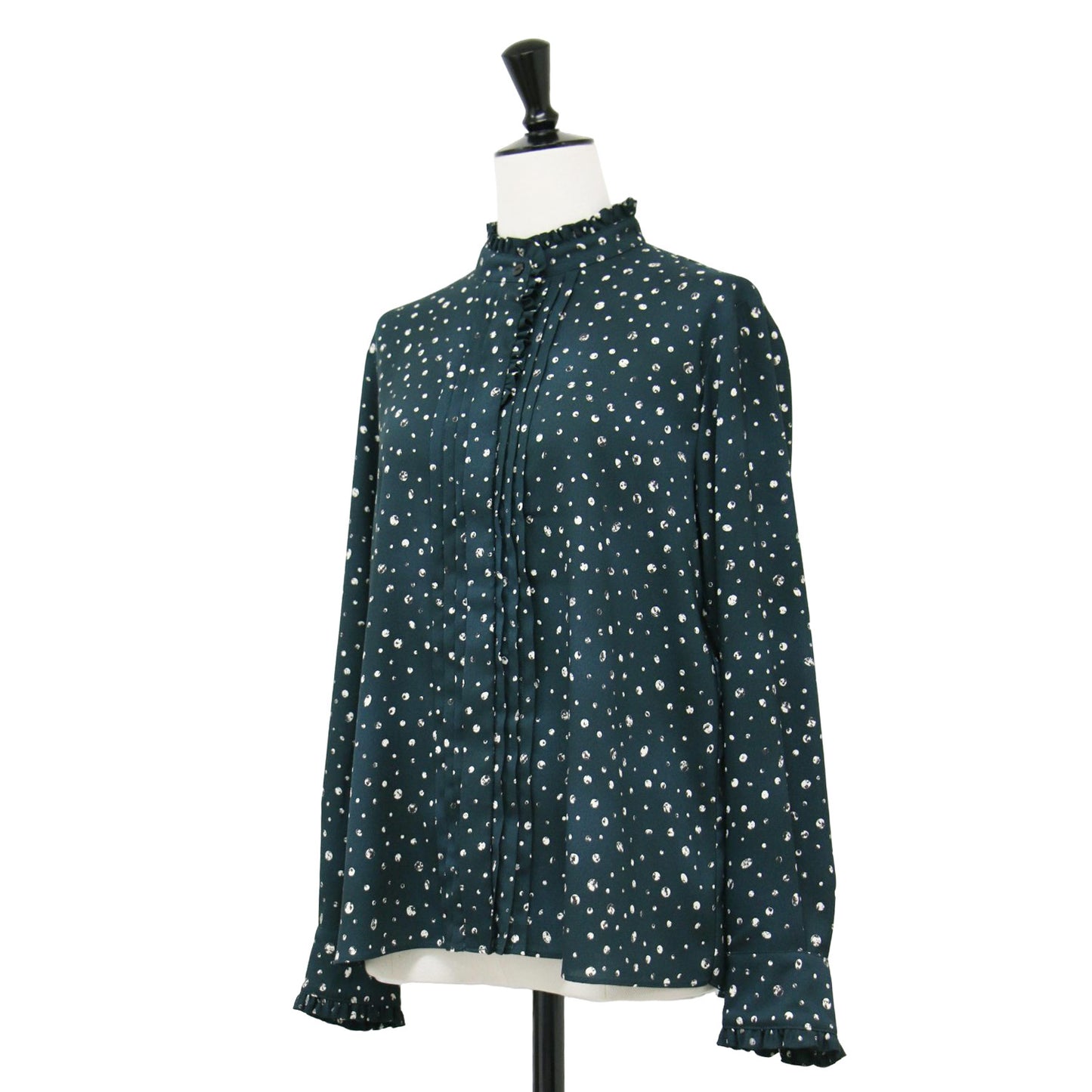 スクラッチ ドット プリント ブラウス / フリル スタンドカラー 長袖 シャツ