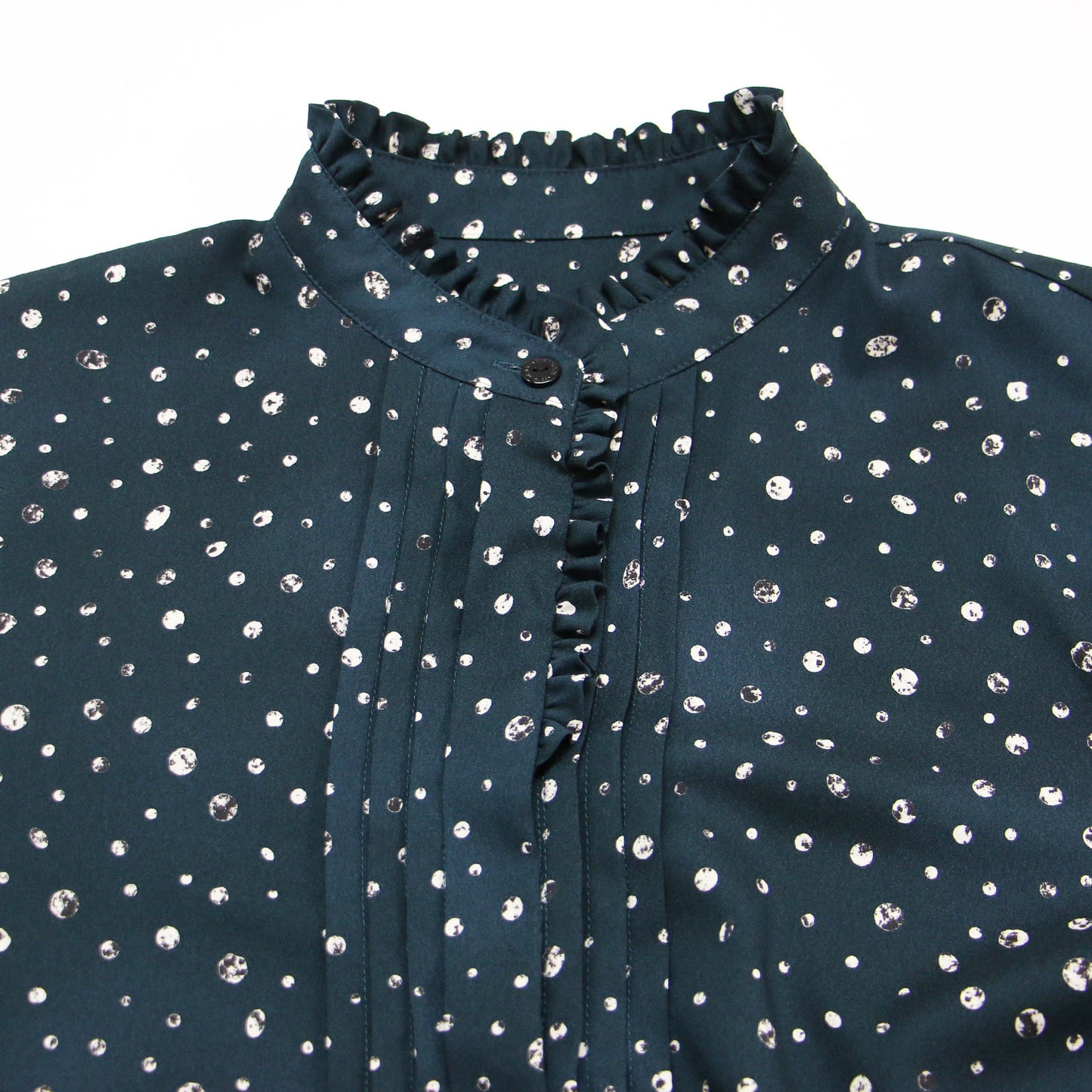 スクラッチ ドット プリント ブラウス / フリル スタンドカラー 長袖 シャツ