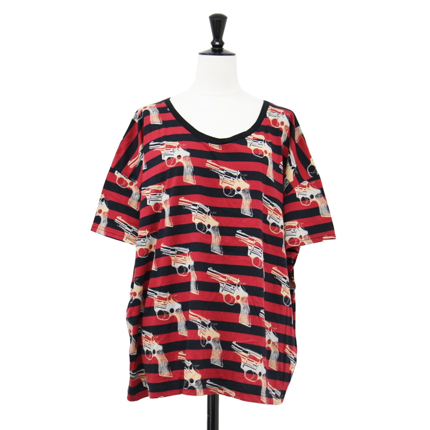 × Andy Warhol ボーダー柄 ピストルプリント 半袖 Tシャツ / クルーネック カットソー ワイド コットン 総柄 アンディウォーホル