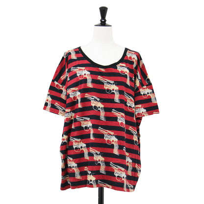 × Andy Warhol ボーダー柄 ピストルプリント 半袖 Tシャツ / クルーネック カットソー ワイド コットン 総柄 アンディウォーホル