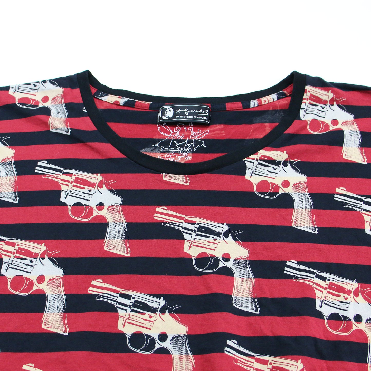 × Andy Warhol ボーダー柄 ピストルプリント 半袖 Tシャツ / クルーネック カットソー ワイド コットン 総柄 アンディウォーホル