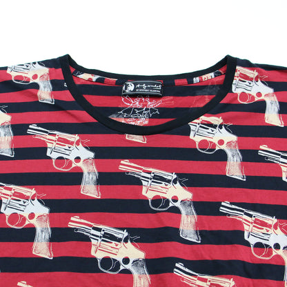 × Andy Warhol ボーダー柄 ピストルプリント 半袖 Tシャツ / クルーネック カットソー ワイド コットン 総柄 アンディウォーホル
