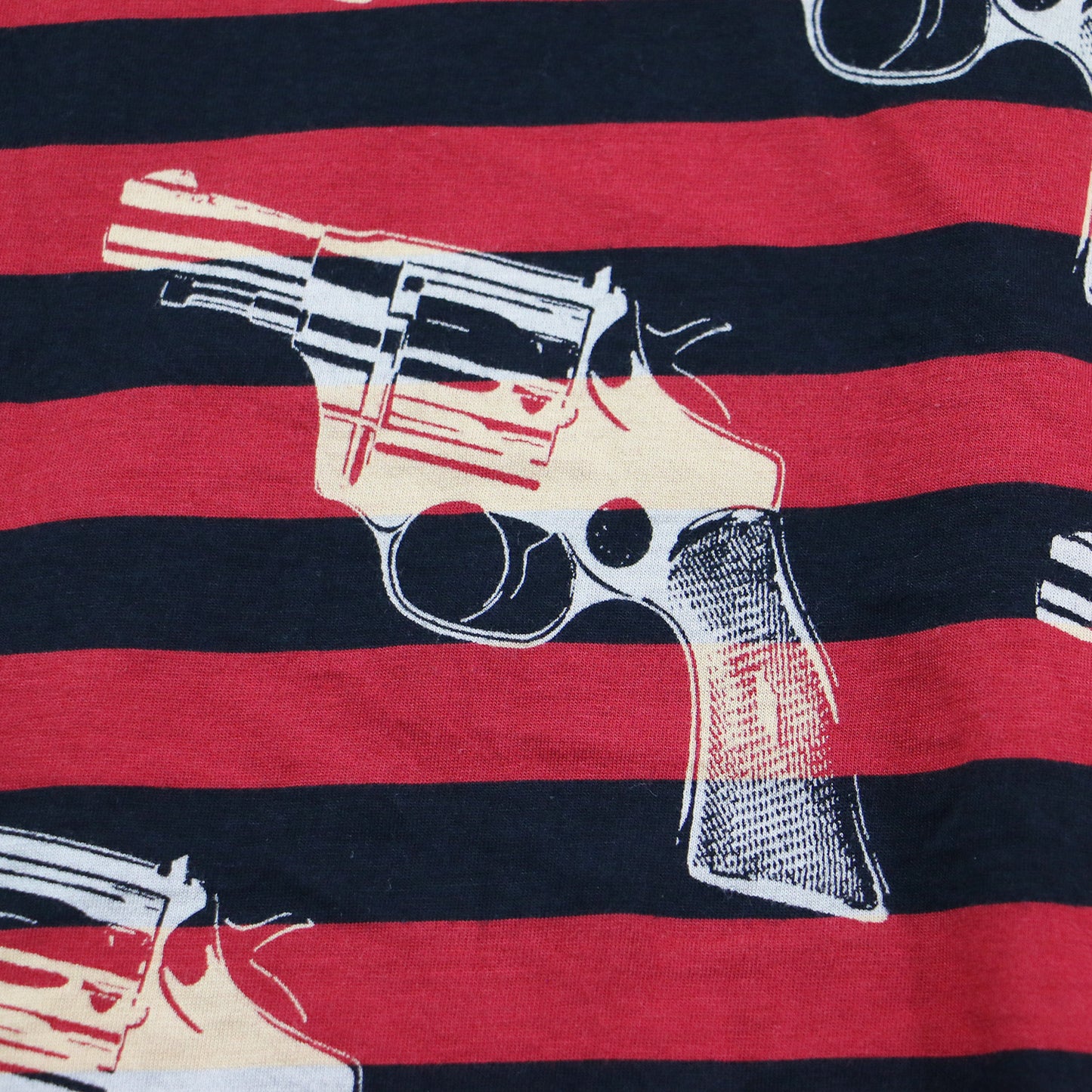 × Andy Warhol ボーダー柄 ピストルプリント 半袖 Tシャツ / クルーネック カットソー ワイド コットン 総柄 アンディウォーホル