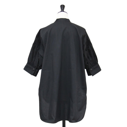 24春夏 ピンタック バルーンスリーブ シャツ / ブラウス 半袖 スタンドカラー ボリュームスリーブ コットン