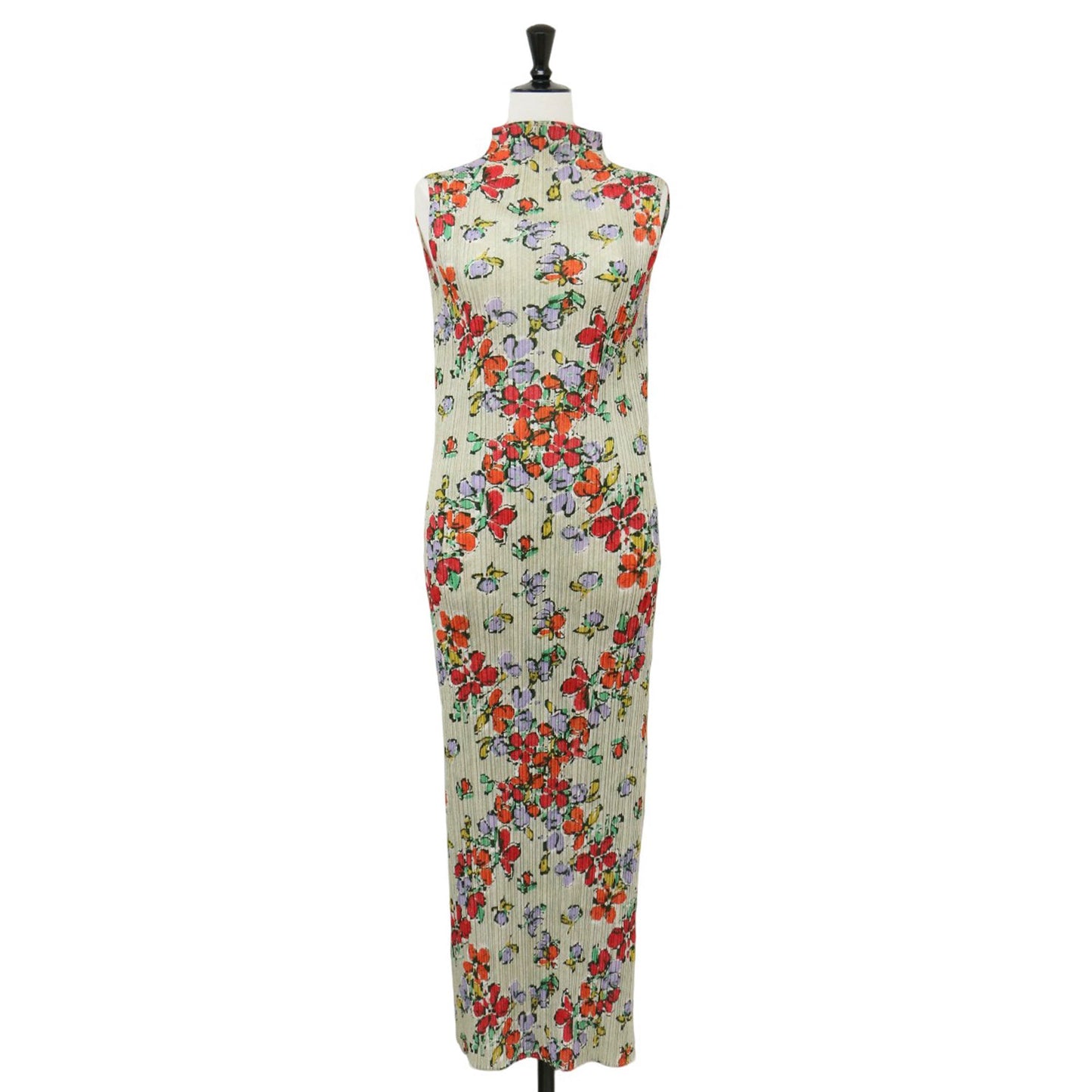 フラワープリント プリーツ ノースリーブ ワンピース / ロング丈 ハイネック 花柄