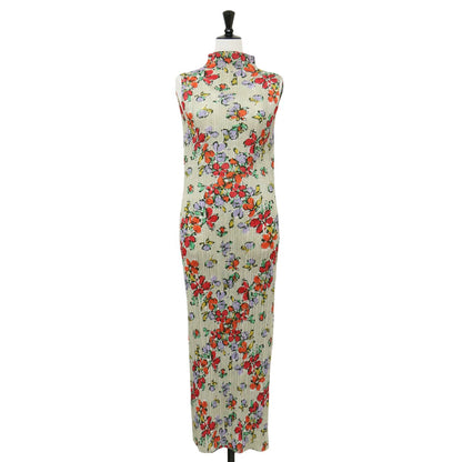 フラワープリント プリーツ ノースリーブ ワンピース / ロング丈 ハイネック 花柄