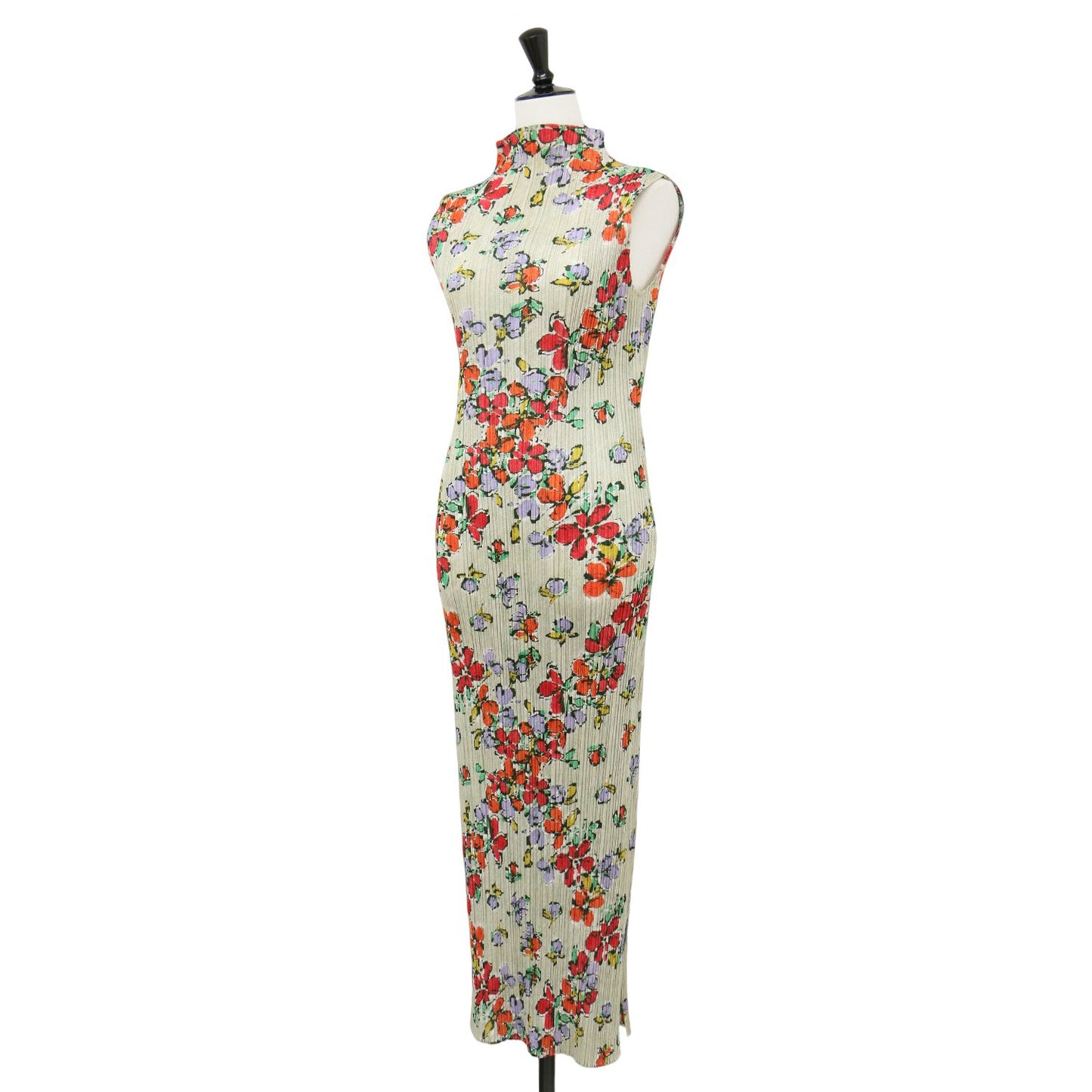 フラワープリント プリーツ ノースリーブ ワンピース / ロング丈 ハイネック 花柄