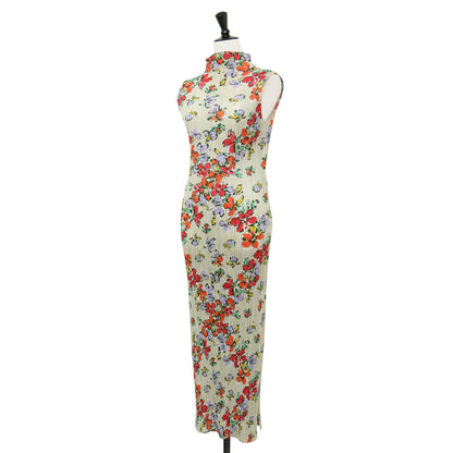 フラワープリント プリーツ ノースリーブ ワンピース / ロング丈 ハイネック 花柄