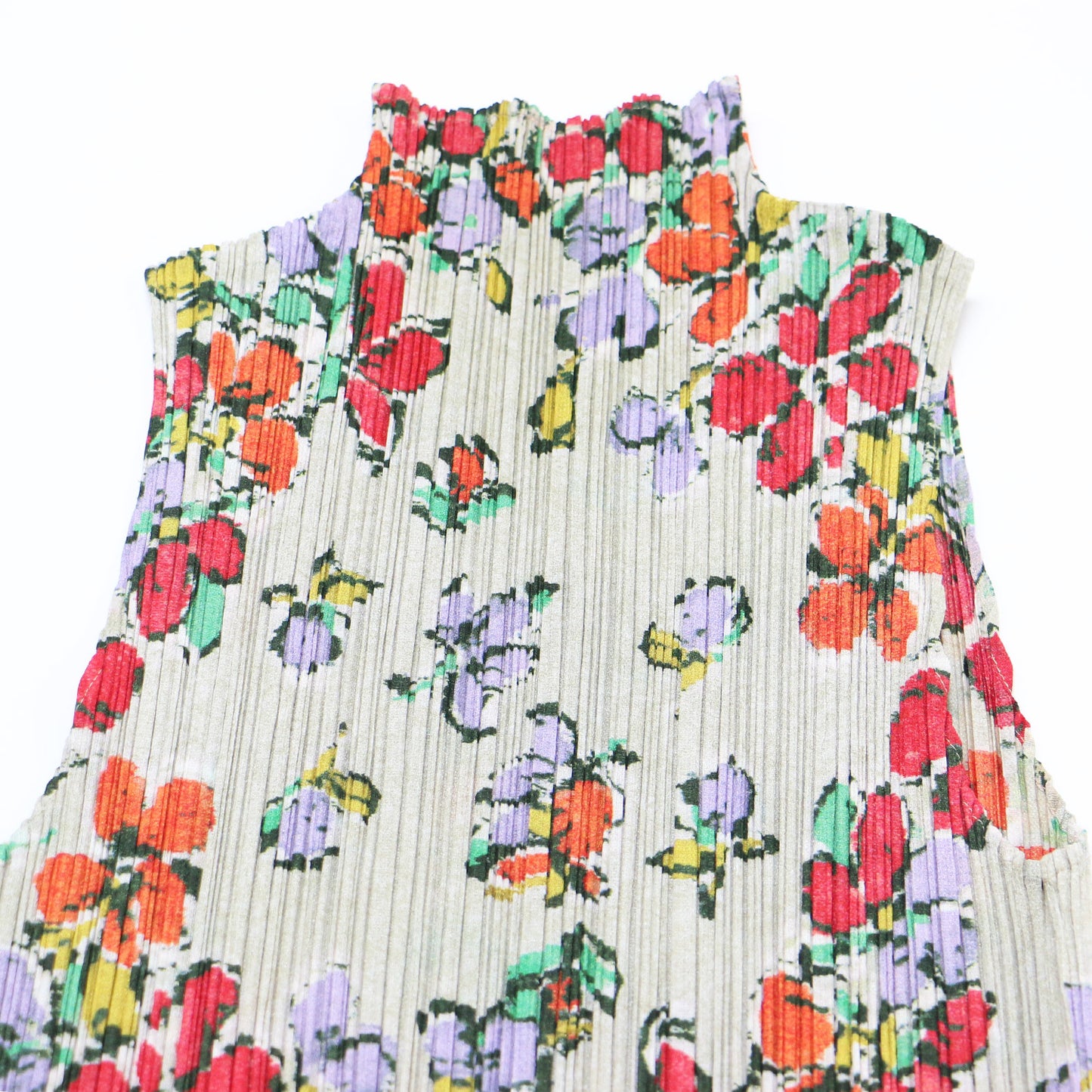 フラワープリント プリーツ ノースリーブ ワンピース / ロング丈 ハイネック 花柄