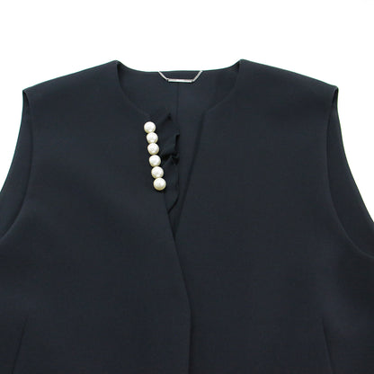24春夏 フリル パールネック ロング ジレ / ベスト ダブルクロス Aライン