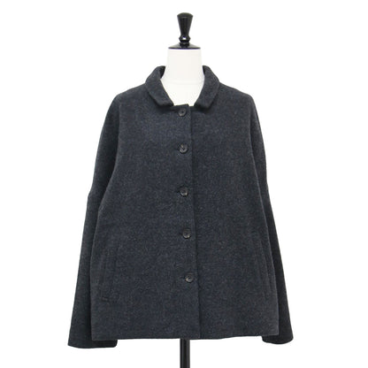 × 尾州 縮絨ウール フランネル ワイド ショートコート / 長袖 ステンカラー Aライン スリット