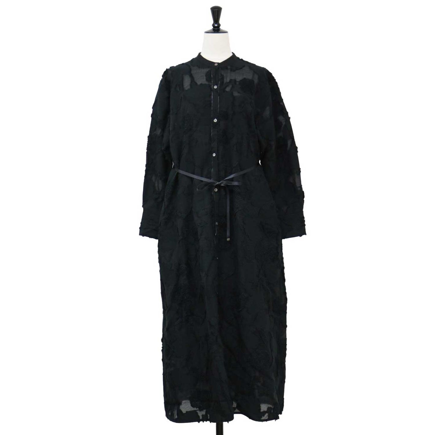 24秋冬 フラッフィージャカード ロング シャツ ワンピース / 長袖 ノーカラー ストレートシルエット ベルト コットン