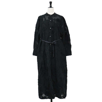 24秋冬 フラッフィージャカード ロング シャツ ワンピース / 長袖 ノーカラー ストレートシルエット ベルト コットン