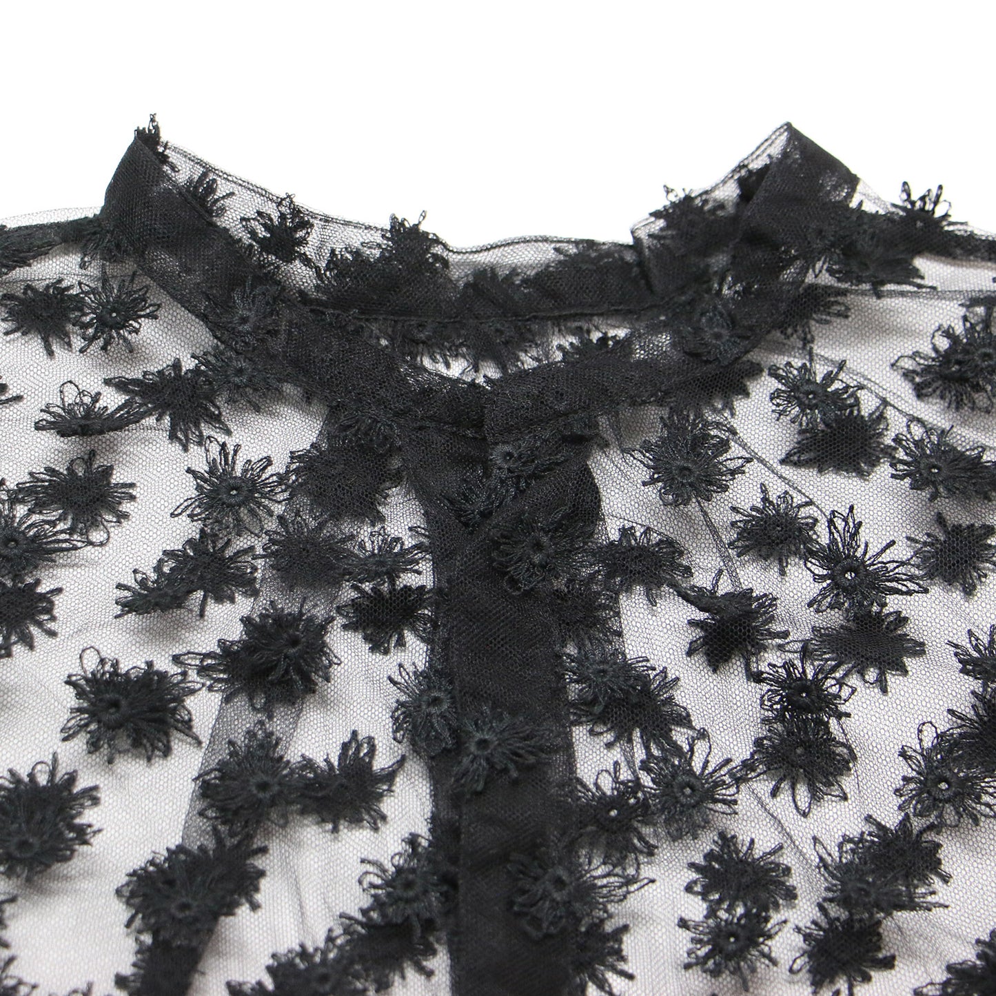 24春夏 フラッフィー エンブロイダリー バンドカラー ブラウス / 長袖 チュール シアー スリット