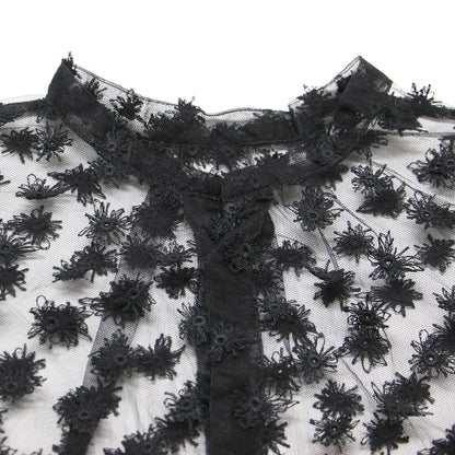 24春夏 フラッフィー エンブロイダリー バンドカラー ブラウス / 長袖 チュール シアー スリット