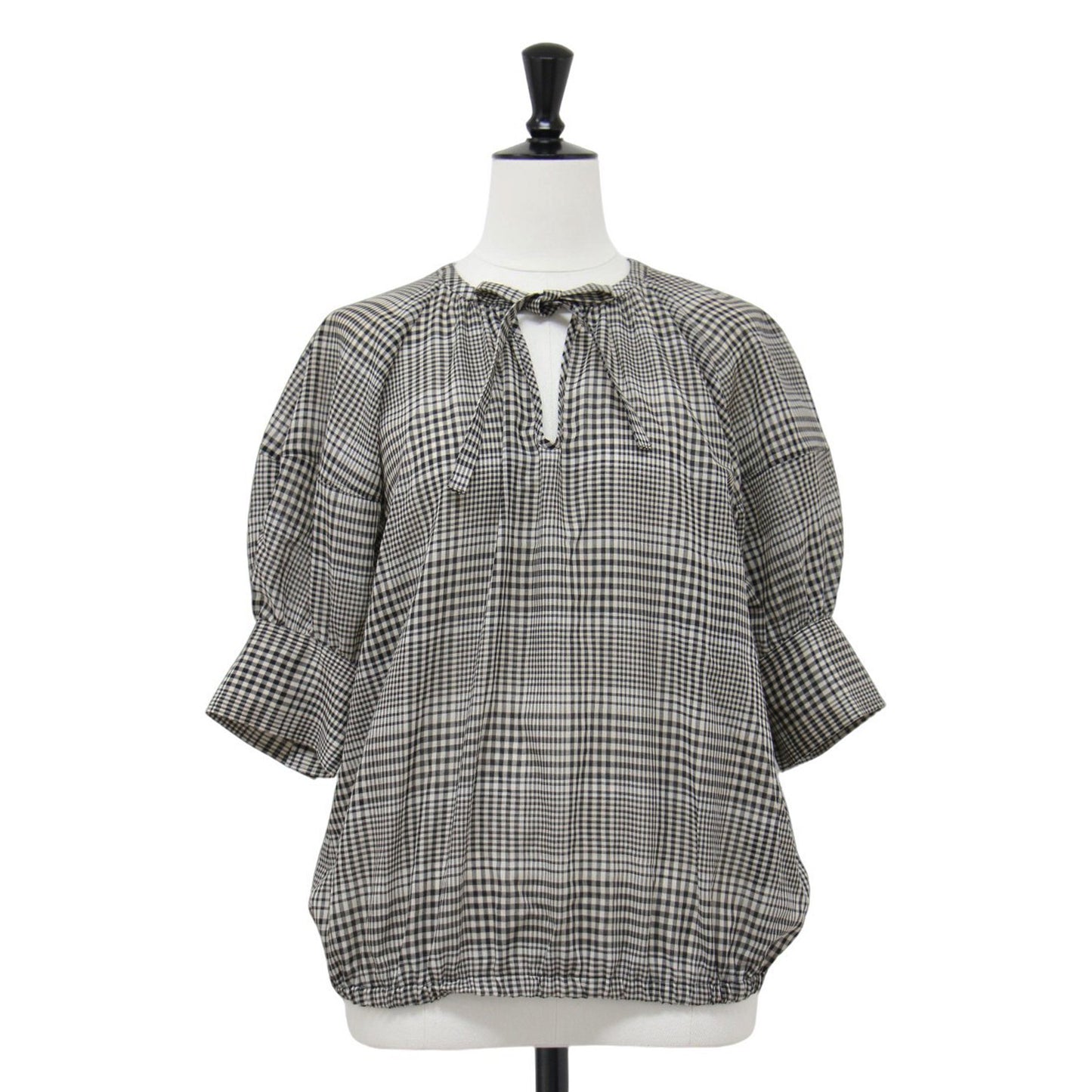 24秋冬 チェック タイ ブラウス / Artesia Plaid Ron 半袖 リボン キーネック ウール