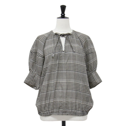 24秋冬 チェック タイ ブラウス / Artesia Plaid Ron 半袖 リボン キーネック ウール