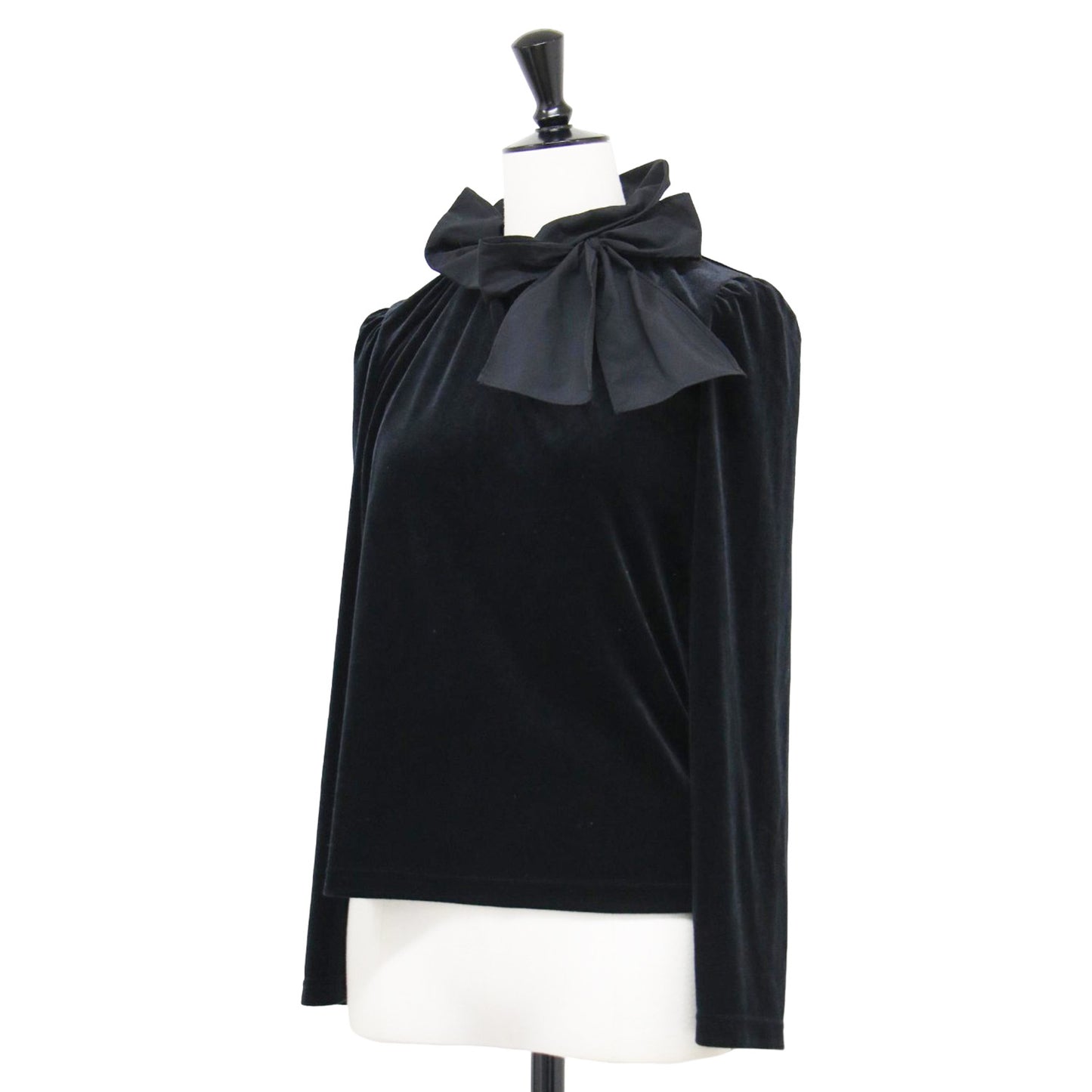 24秋冬 ハイネック リボン ベロア カットソー / プルオーバー 長袖 コンパクト タック ストレッチ サテン