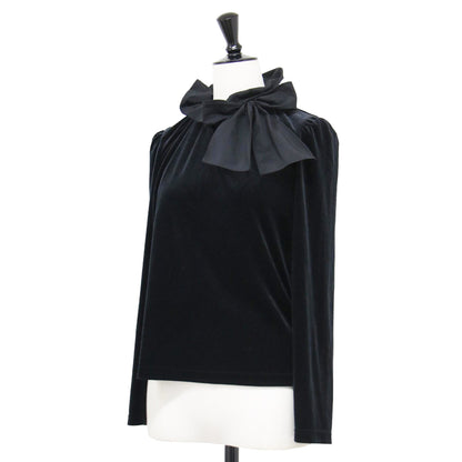 24秋冬 ハイネック リボン ベロア カットソー / プルオーバー 長袖 コンパクト タック ストレッチ サテン