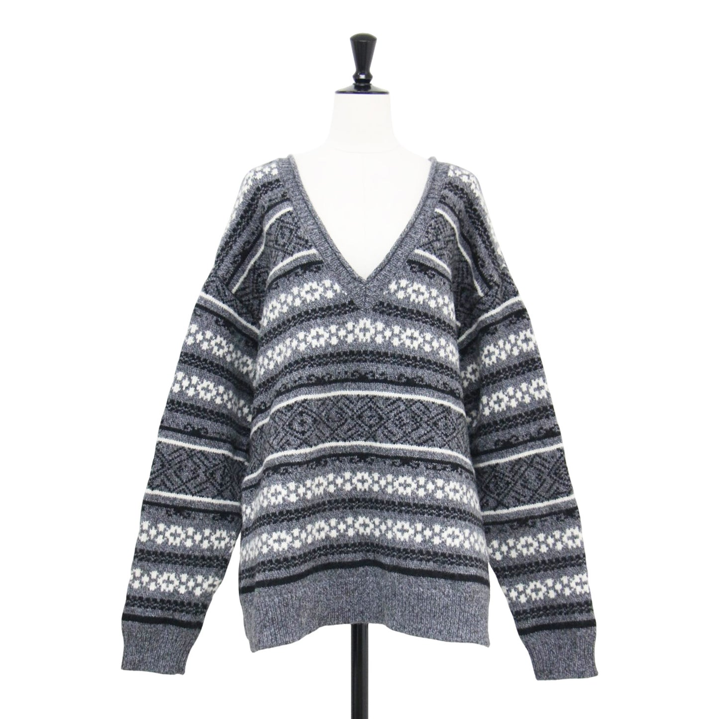 2WAY Vネック ジャガード プルオーバー / Deformation Jacquard Top ニット 長袖 ワイド スリット 総柄 ウール