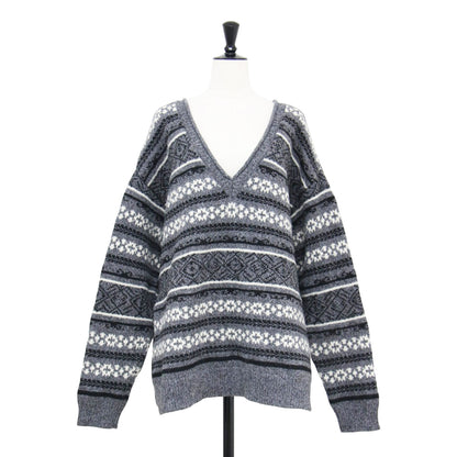 2WAY Vネック ジャガード プルオーバー / Deformation Jacquard Top ニット 長袖 ワイド スリット 総柄 ウール