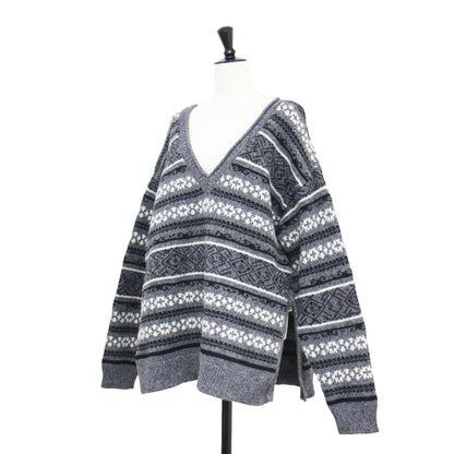 2WAY Vネック ジャガード プルオーバー / Deformation Jacquard Top ニット 長袖 ワイド スリット 総柄 ウール