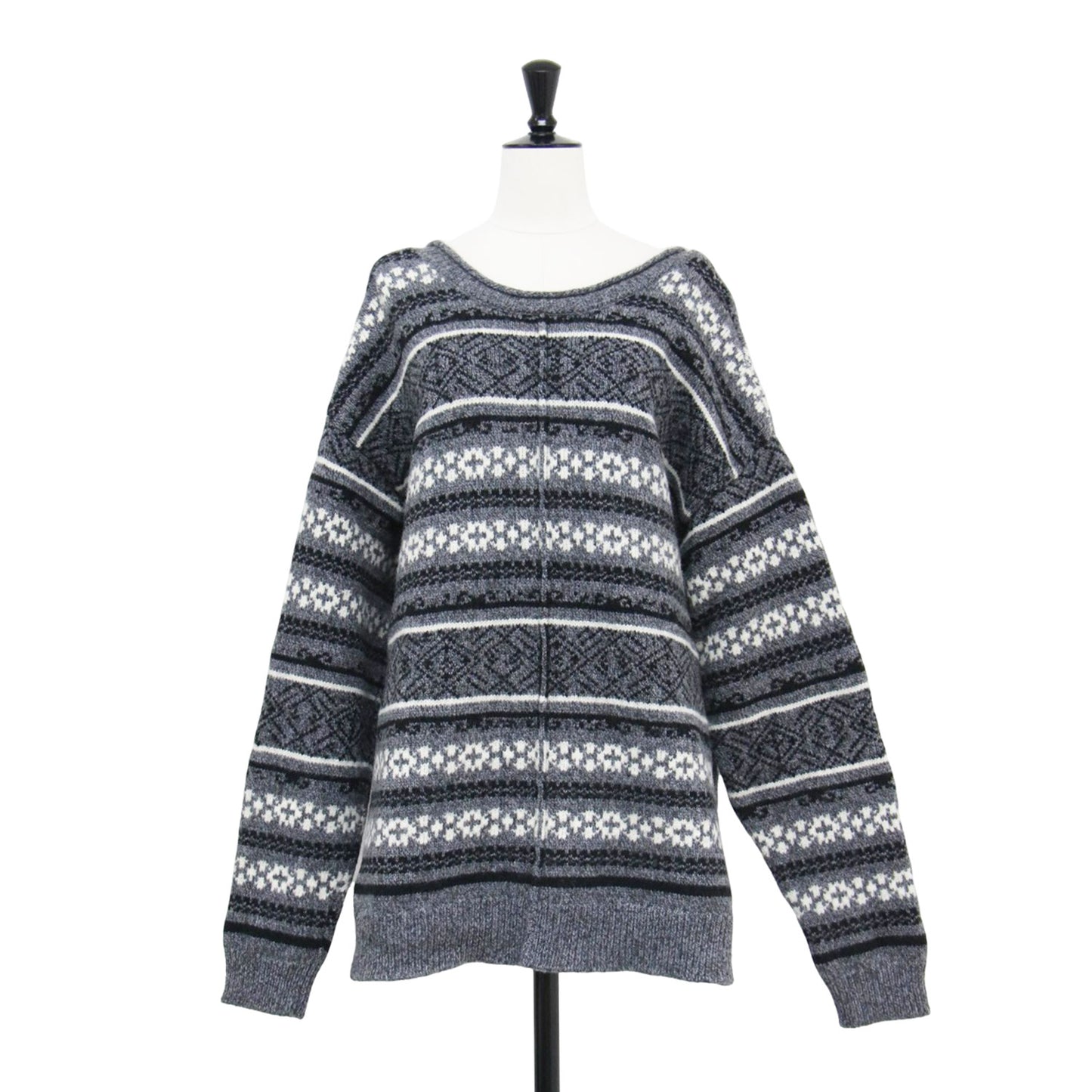 2WAY Vネック ジャガード プルオーバー / Deformation Jacquard Top ニット 長袖 ワイド スリット 総柄 ウール