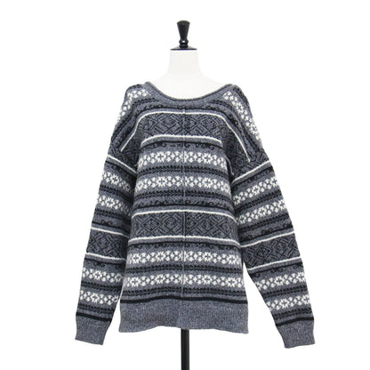 2WAY Vネック ジャガード プルオーバー / Deformation Jacquard Top ニット 長袖 ワイド スリット 総柄 ウール