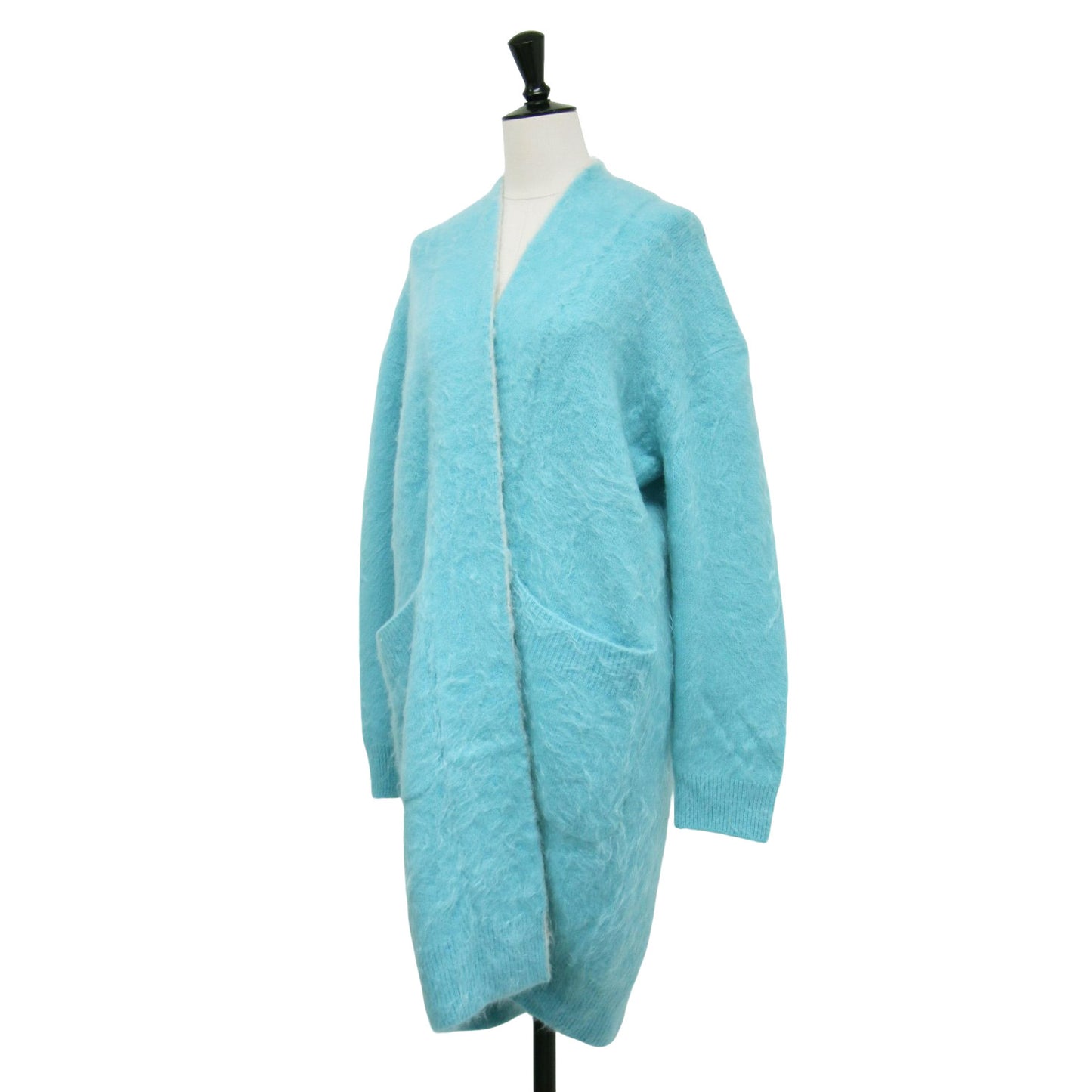 ファー ロングカーディガン / ニット 長袖 バイカラー ボタンレス ポケット カシミヤ