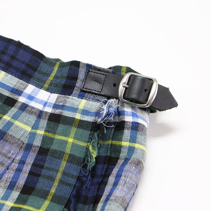 リネン チェック柄 キルト スカート / 巻きスカート ラップスカート ウエストゴム ベルト フリンジ プリーツ