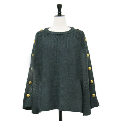 22秋冬 ボタンアクセント ニット プルオーバー / ポンチョ クルーネック 畦編み ワイド フレア Aライン ウール