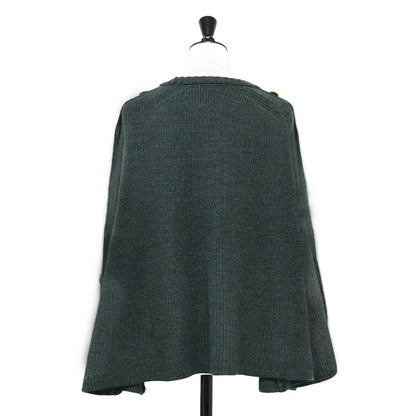 22秋冬 ボタンアクセント ニット プルオーバー / ポンチョ クルーネック 畦編み ワイド フレア Aライン ウール