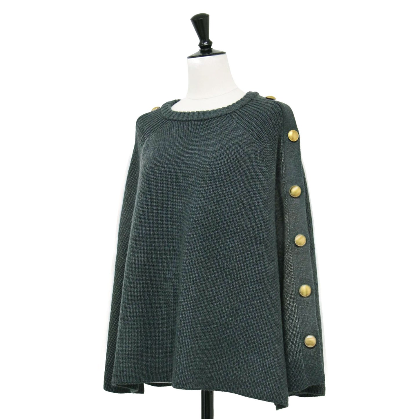 22秋冬 ボタンアクセント ニット プルオーバー / ポンチョ クルーネック 畦編み ワイド フレア Aライン ウール