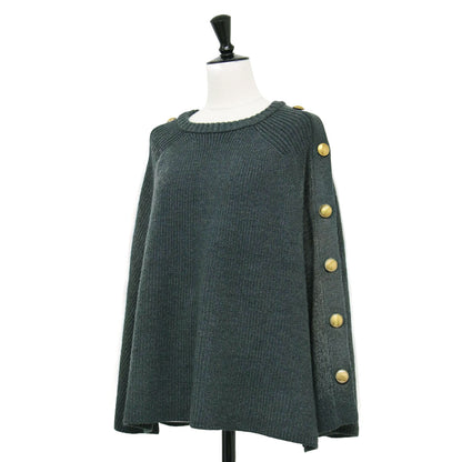 22秋冬 ボタンアクセント ニット プルオーバー / ポンチョ クルーネック 畦編み ワイド フレア Aライン ウール