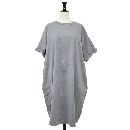 ロールスリーブ ワイドシルエット Tシャツ ワンピース / ロング丈 半袖 コクーンシルエット コットン