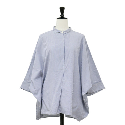 ストライプ フロント フライ ドルマン シャツ / ブラウス ワイド 長袖 7分袖 比翼 コットン