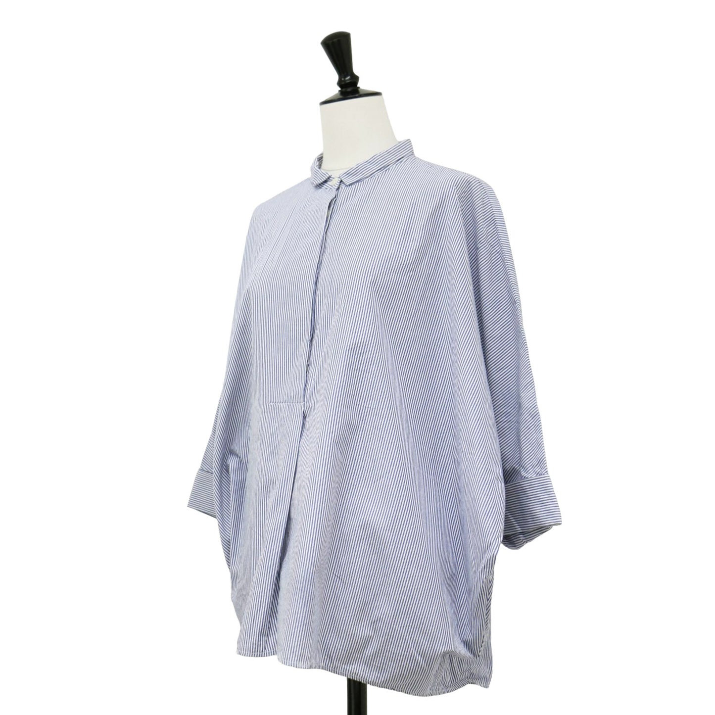 ストライプ フロント フライ ドルマン シャツ / ブラウス ワイド 長袖 7分袖 比翼 コットン