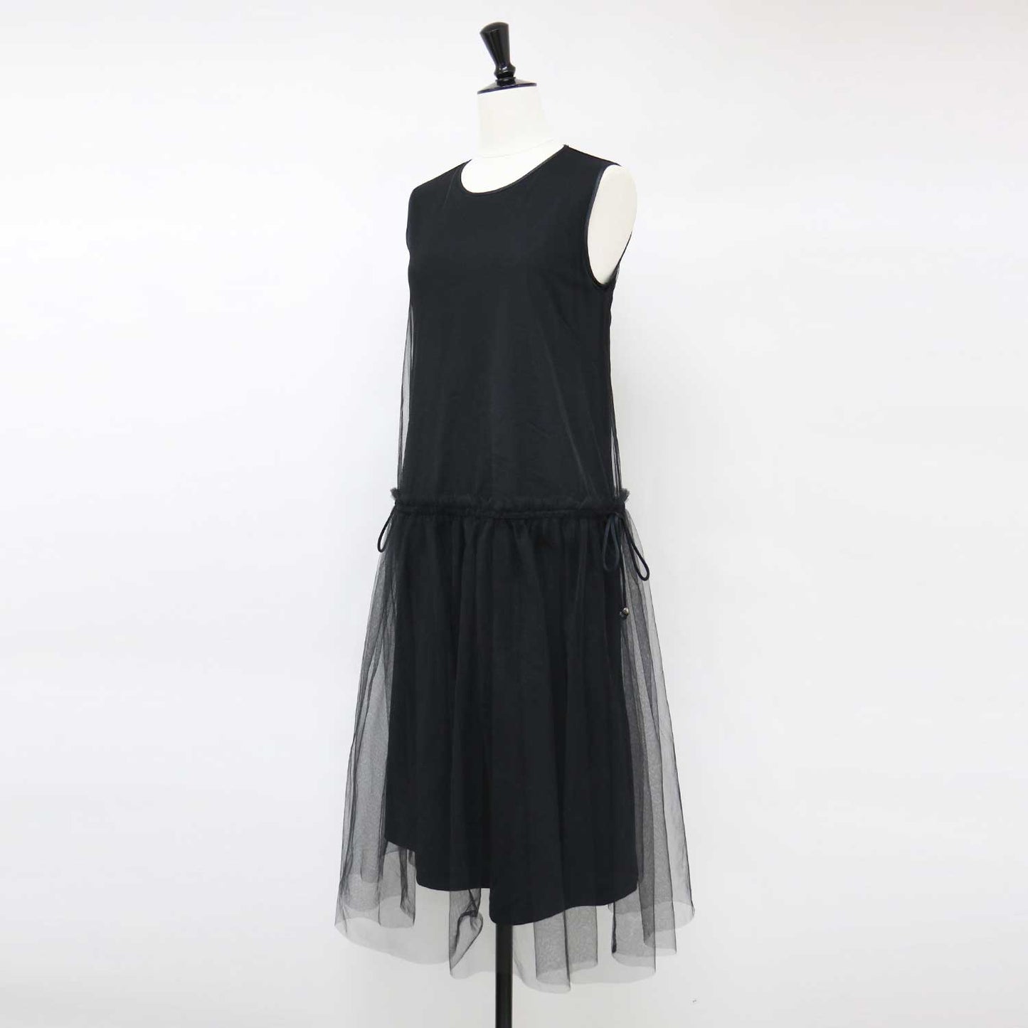 24春夏 チュール ノースリーブ ロング ワンピース / ドレス ギャザー フレア リボン シアー