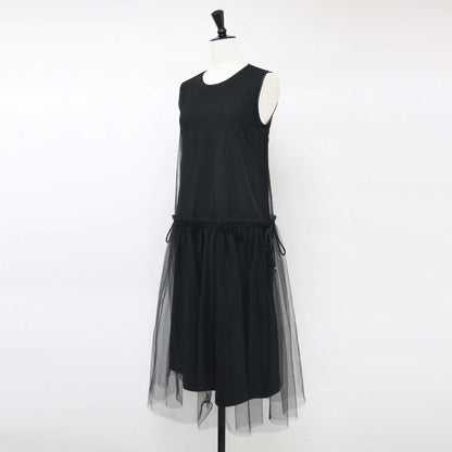 24春夏 チュール ノースリーブ ロング ワンピース / ドレス ギャザー フレア リボン シアー