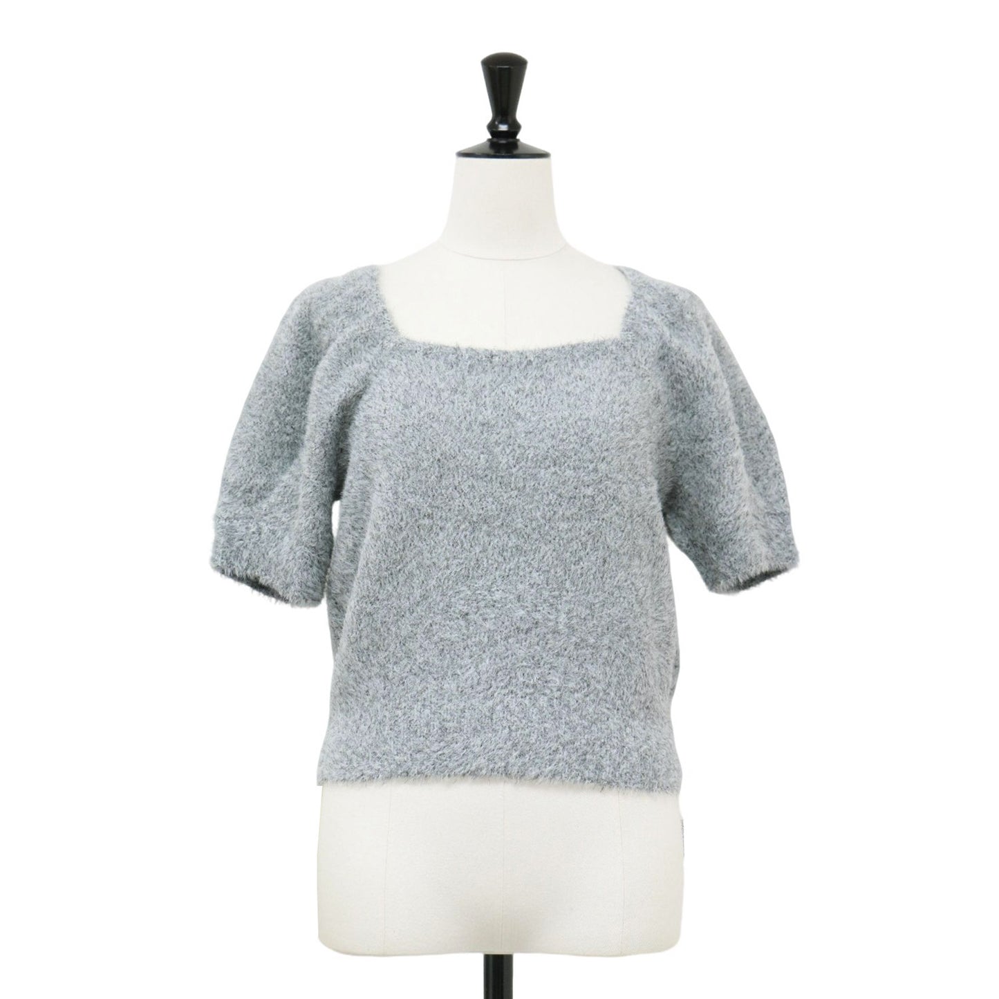 24春夏 2WAY ラメ フェザー パフスリーブ ニット / プルオーバー 半袖 ボートネック スクエアネック シャギー