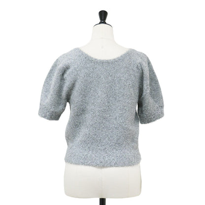 24春夏 2WAY ラメ フェザー パフスリーブ ニット / プルオーバー 半袖 ボートネック スクエアネック シャギー