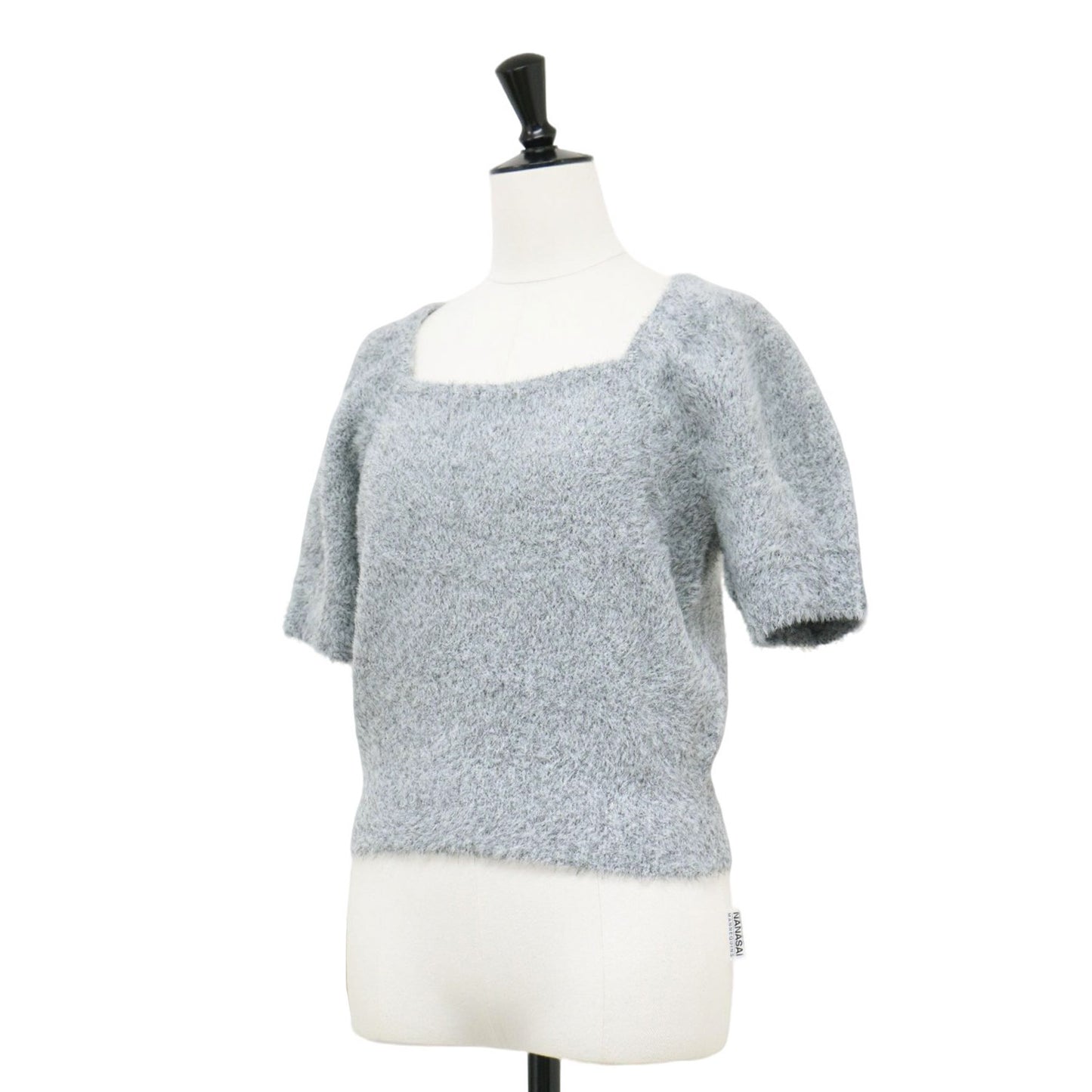 24春夏 2WAY ラメ フェザー パフスリーブ ニット / プルオーバー 半袖 ボートネック スクエアネック シャギー