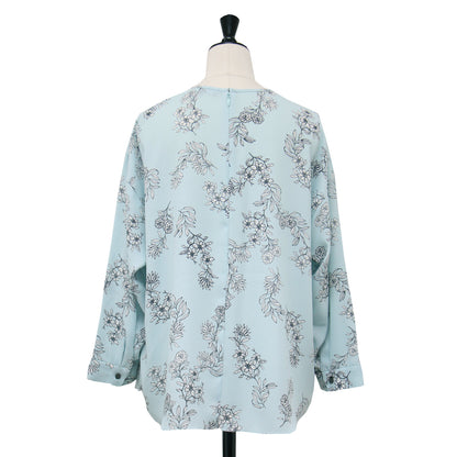 ボタニカル プリント ブラウス / 七分袖 花柄 フラワー 梨地生地 タック シャーリング ウォッシャブル