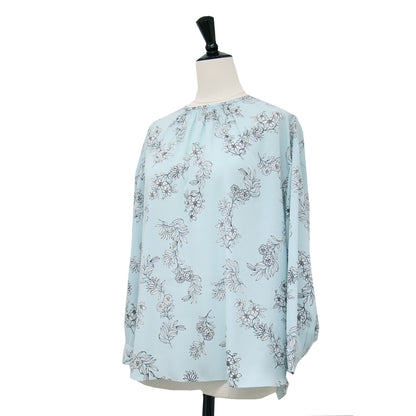 ボタニカル プリント ブラウス / 七分袖 花柄 フラワー 梨地生地 タック シャーリング ウォッシャブル