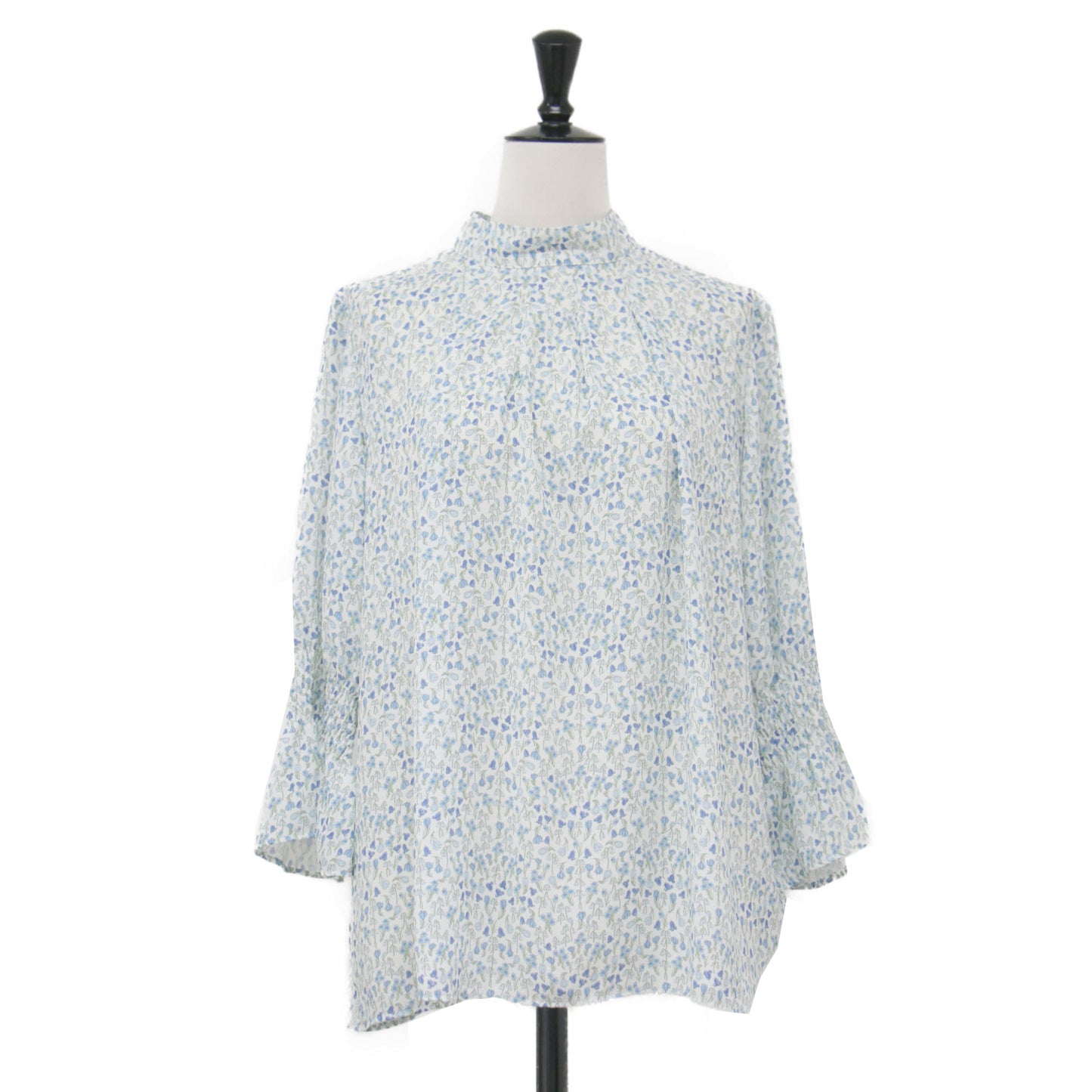 スノーブルーガーデン シャーリング ブラウス / Snowblue Garden 七分袖 スタンドネック 小花柄 フラワー ギャザー
